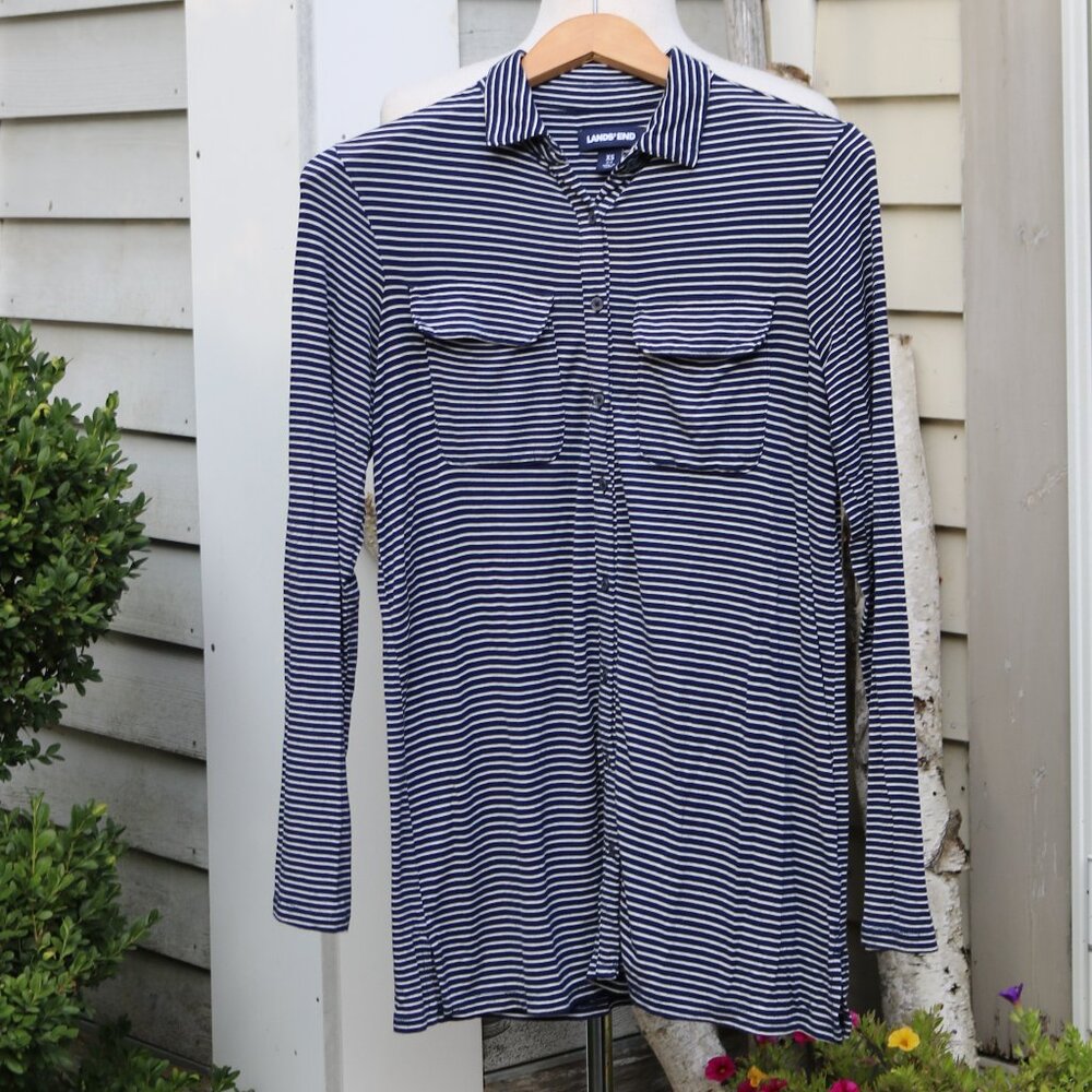 Lands' End Navy Blue White Stripe Knit Button Down Long Sleeve Top Sz XS (2-4)